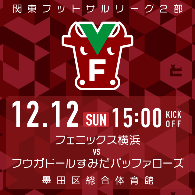 12/12(日) 関東フットサルリーグ2部 フェニックス横浜 vs フウガドールすみだバッファローズ